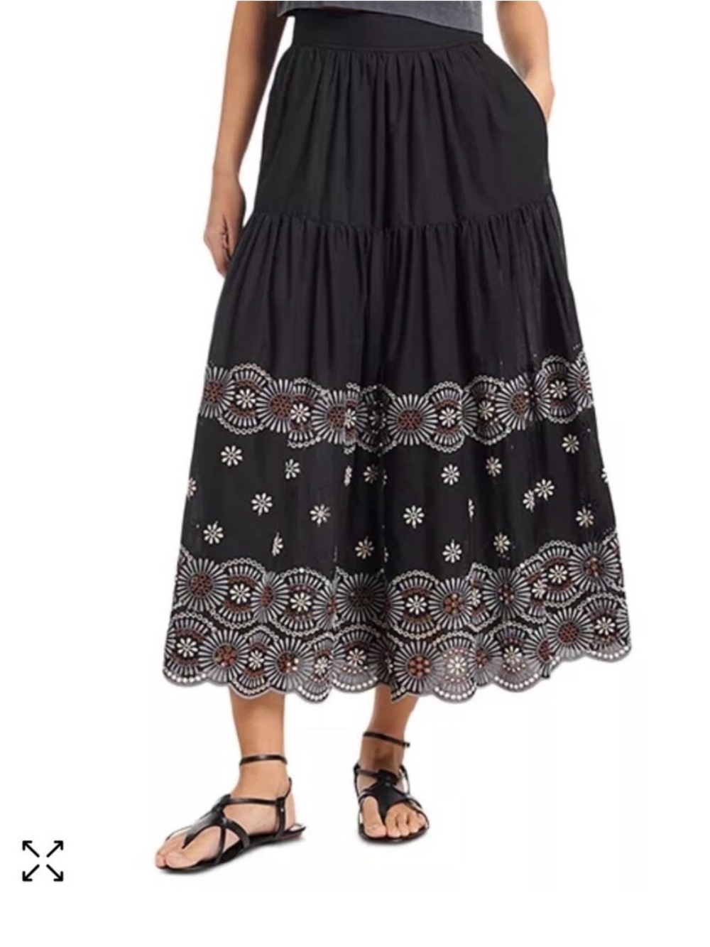 Vanessa Bruno Black Tiered Midi Skirt with White and Brown Embroidery